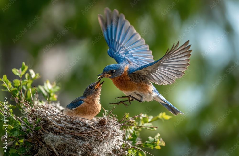 Fototapeta premium Bluebird feeding fledgling in nest nature