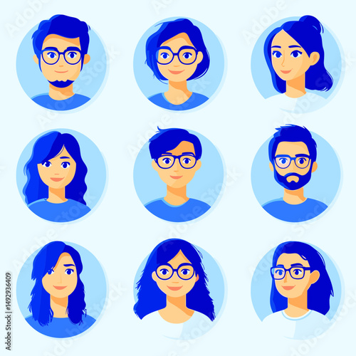 Stylish Avatars: A collection of diverse avatars with modern glasses, each radiating unique personality and style, perfect for representing a variety of users and profiles.