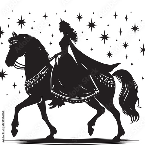 silhouette of a princess riding a horse, editable vector image