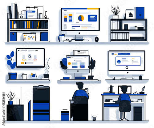 Digital Workspace: A modern digital workspace illustration, with computers, monitors, and workstations, showcasing organization and functionality. 