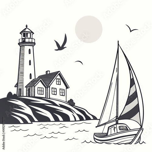 Nautical seascape illustration with a lighthouse, house, sailboat and birds