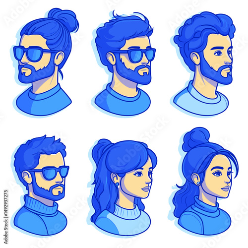 Stylish Profiles: A collection of illustrated portraits, each showcasing unique individuals with various hairstyles, glasses, and facial features.