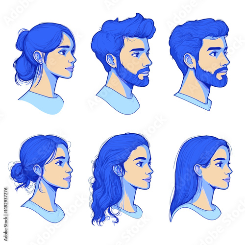 Profile portraits: Featuring six stylized profile portraits of individuals with unique hair and beard styles, artfully rendered in shades of blue, ideal for adding visual appeal to your design.