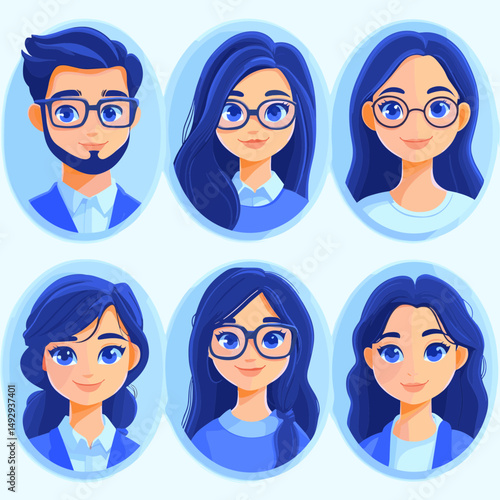 Collection of Portraits: Featuring six stylized portraits in matching oval frames, each displaying unique expressions and attributes.