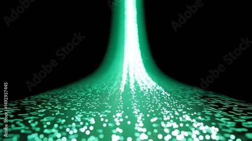 Glowing green light stream with digital particles and bokeh effect flows upward and forward black background, creating futuristic, abstract, and dynamic energy motion concept, evoking technology