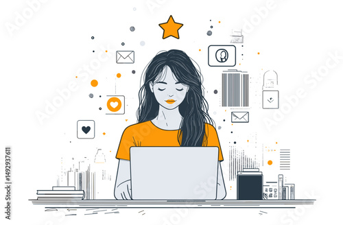 Digital World: A graphic illustration depicts a woman absorbed in her computer, symbolizing the digital age. A constellation of icons surrounds her.