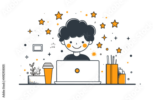 Digital Creative at Work: A charming illustration of a creative individual at work, surrounded by design elements and tools, bringing a sense of imagination and innovation to the forefront.
