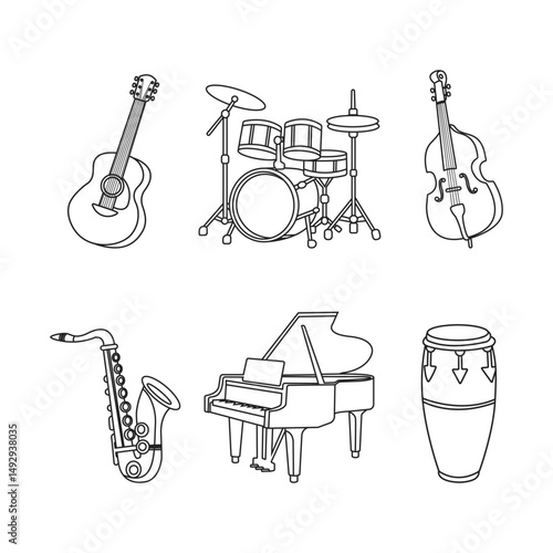 musical instrument piano, guitar, percussion, saxophone, drums, contrabass outline