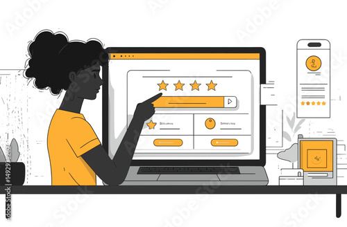 Digital Review and Satisfaction: An illustration featuring a person engaging with a digital review platform on a laptop, pointing to a rating and showcasing a process of evaluation.