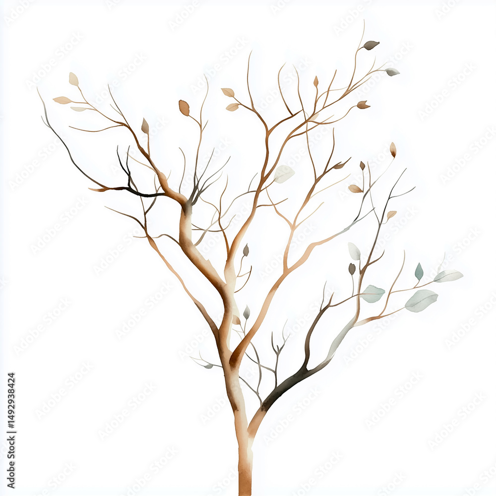 Fototapeta premium A serene illustration of a minimalist tree with delicate branches and soft leaves, embodying tranquility and nature.