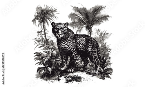 Engraved Leopard in Jungle Scene, Black Sketch Effect, Wildlife Art, Hand-drawn Animal Print, Rustic Nature Drawing, Vintage Style, Animal Wall Decor