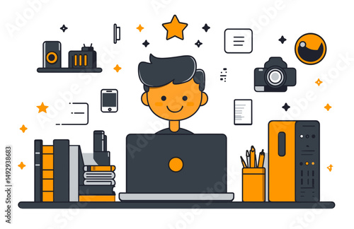 Tech-Savvy Creator: A cartoon illustration of an individual with a laptop surrounded by essential digital equipment, reflecting the creative workspace of a modern tech enthusiast.