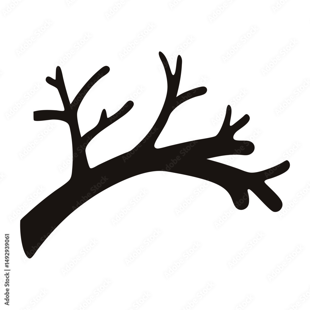 Stylized black branch silhouette with bare twigs against a white background, digital art Stylized black branch silhouette with bare twigs against a white background, digital art