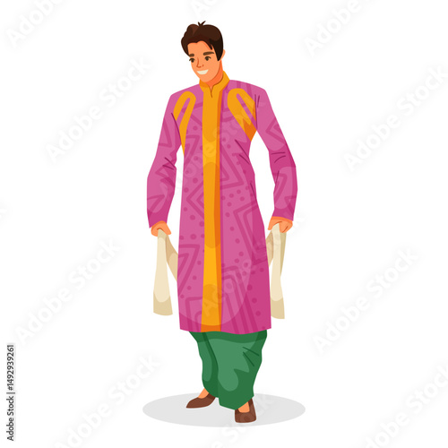 Man in traditional Indian attire with pink sherwani and green pants standing and smiling, flat graphic style on white background. Vector illustration