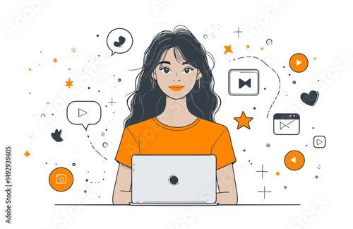 Working With Technology: A digital artist girl working in her laptop surrounded by abstract technology symbols.