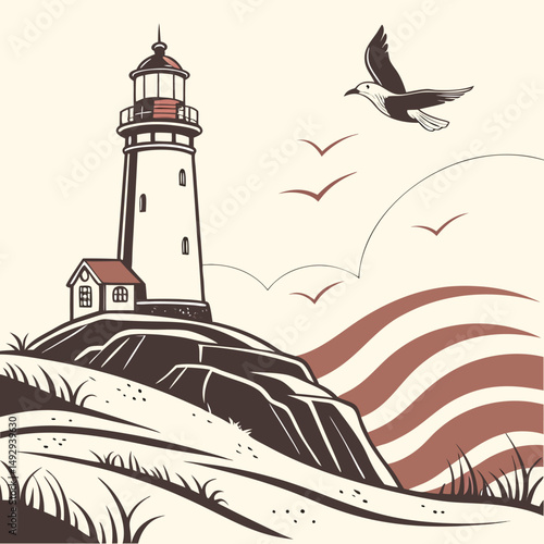 Stylized illustration of a lighthouse by the sea, evoking coastal serenity