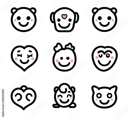 Cheerful Icons: A set of nine uniquely designed icons featuring adorable, minimalist faces, radiating positivity and happiness.