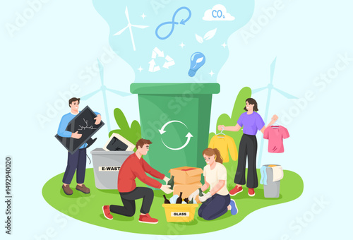 Group of people sorting e-waste, glass, and clothes for recycling with eco symbols above a green bin on a light blue background. Vector illustration