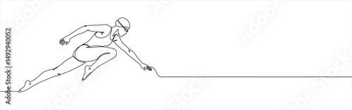 Swimming concept continuous one line drawing. Hand drawn woman ready to jump into the water..