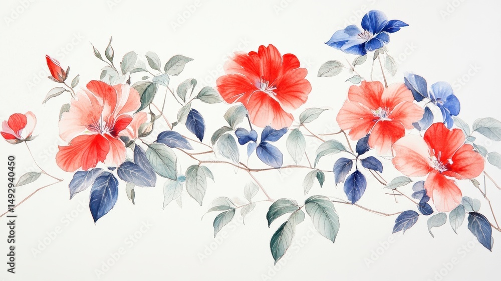 Obraz premium Watercolor painting of red and blue flowers on a branch with leaves.
