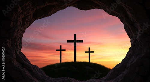 Three Crosses on Hill at Sunset