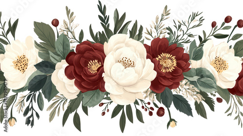 Elegant Watercolor Floral Border with White and Burgundy Blooms on PNG transparent background