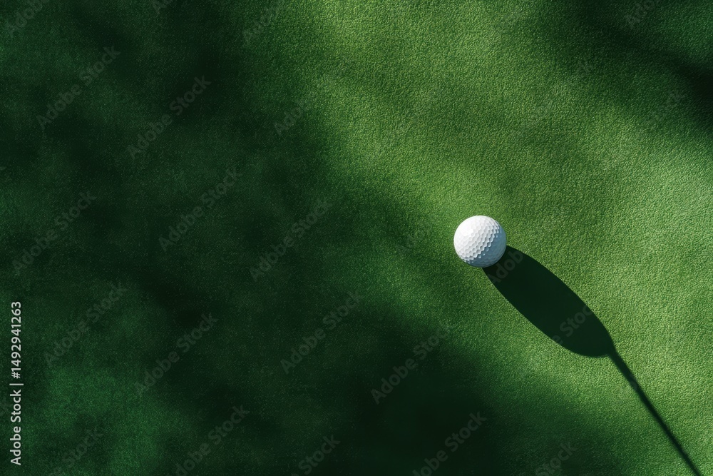 Golf ball resting on a vibrant green putting surface with a shadow in natural light during a sunny afternoon Golf ball resting on a vibrant green putting surface with a shadow in natural light during a sunny afternoon