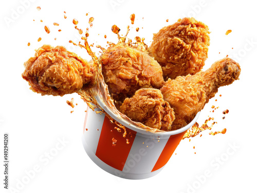 Crispy Fried Chicken Extravaganza: A mouthwatering spectacle of golden, crispy fried chicken pieces erupting from a classic bucket, showcasing deliciousness. 