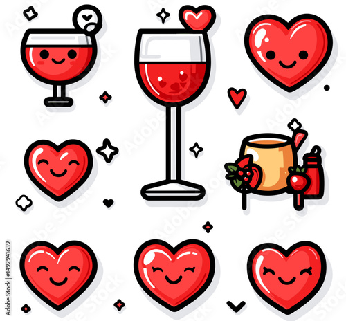 Joyful Heart & Beverage Icons: A delightful collection of whimsical heart-shaped characters and refreshing drink illustrations, perfect for spreading love and cheer.