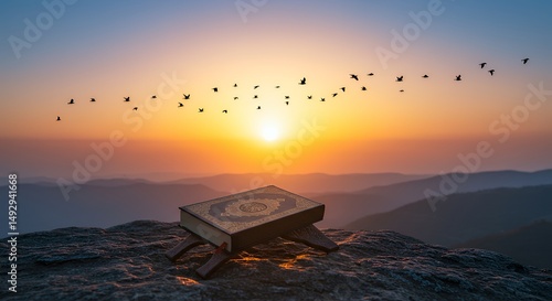 Book and birds silhouette over mountain at sunset