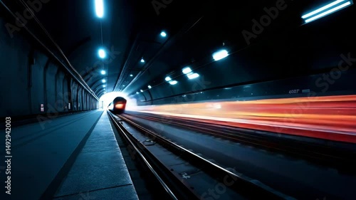High speed train light trail in modern underground tunnel with motion blur effect, bright lights, urban transportation, futuristic city infrastructure, dynamic energy, night travel