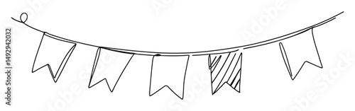 Bunting flags continuous one line drawing. Hand drawn festive flags garland.