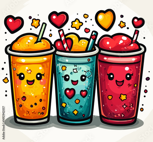 Kawaii Drink: The sweet joy of three adorable drinks, surrounded by lovely symbols such as hearts and stars. the happy drinks' joyful vibes.