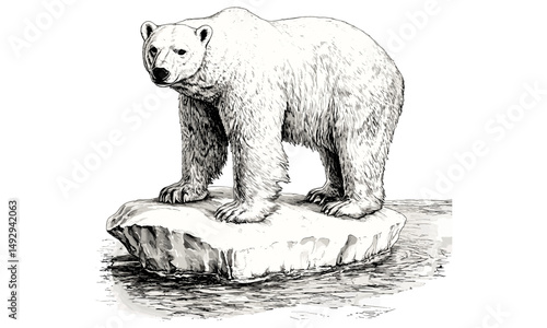 Vintage Polar Bear Illustration, Iceberg Wildlife Scene, Old Engraving Style, Rustic Arctic Animal Art, Cold Climate Decor, Black Ink Sketch, polar wildlife engraving,