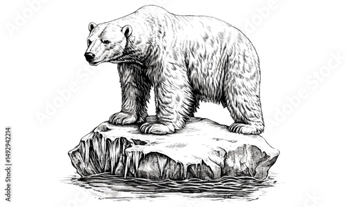 Rustic Polar Bear Drawing on Iceberg, Black Sketch Look, Vintage Animal Illustration, Arctic Wildlife Print, Winter Decor, engraved bear art, cold environment artwork,