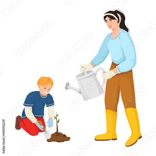 Woman and child gardening, planting a sapling and watering it, cartoon style on white background. Concept of eco education. Vector illustration