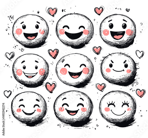 Cheerful Emoticons of joy and love: A delightful collection of hand-drawn emoticons, each radiating happiness and affection through their expressive faces and adorable blushed cheeks.