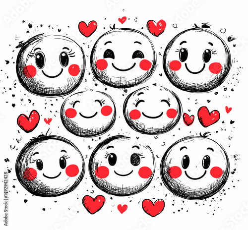 Smiling Faces with Hearts: A delightful array of adorable smiley faces with rosy cheeks, surrounded by charming red hearts.