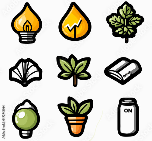 Nature Inspired Icon Set: A creative and visually appealing illustration, combining a variety of icons, including light bulb, leaf, and jar with the focus on nature-related symbol.