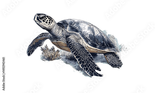Vintage Sea Turtle Illustration, Hand-drawn Marine Animal, Detailed Ocean Floor Sketch, Coastal Home Decor, Black Engraving, Retro Animal Print, Ocean Art