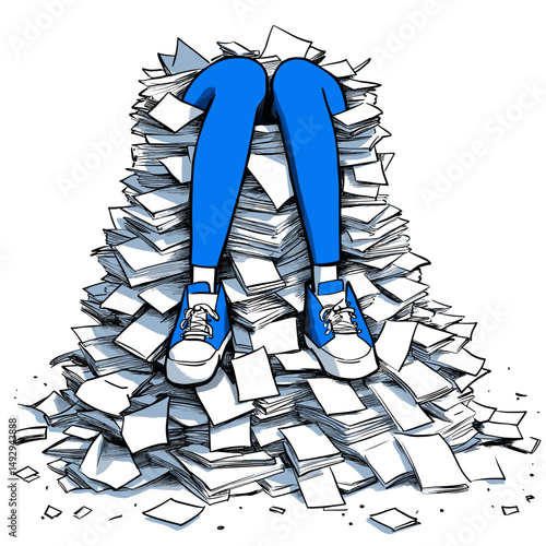 Overwhelmed in Paperwork: A person finds themselves submerged in a mountain of documents, with only their legs and shoes visible.