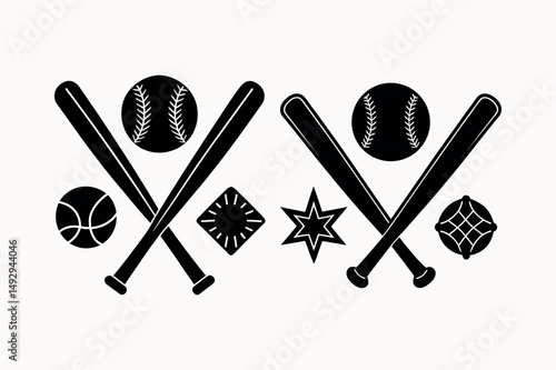 Baseball element set vector silhouette on white background