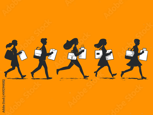 Dynamic Shoppers in Silhouette: Silhouetted figures of diverse individuals briskly move across a bright orange backdrop, each clutching shopping bags and paperwork, embodying the energy of commerce.