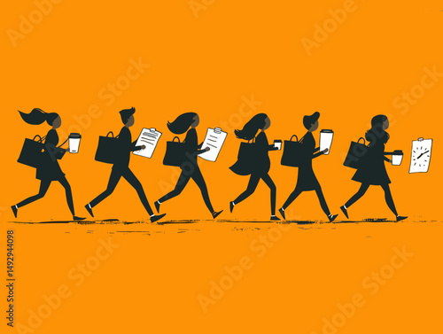 Dynamic Commute: A silhouetted group of people hurries against a vibrant orange backdrop, clutching briefcases, documents, and coffee cups.