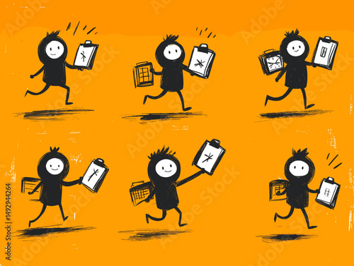 Business Task Ninja: A sequence of dynamic cartoon figures swiftly navigating a vibrant orange backdrop, each intently focused on their tasks. A visual narrative of relentless action.