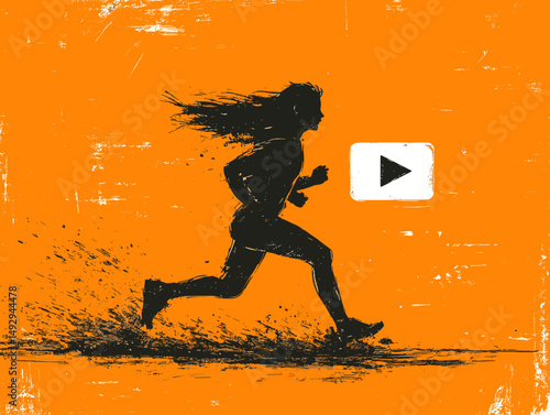 Dynamic Runner's Silhouette: A silhouette of a determined runner, captured in full stride against an orange backdrop, represents speed, endurance, and the pursuit of personal bests.