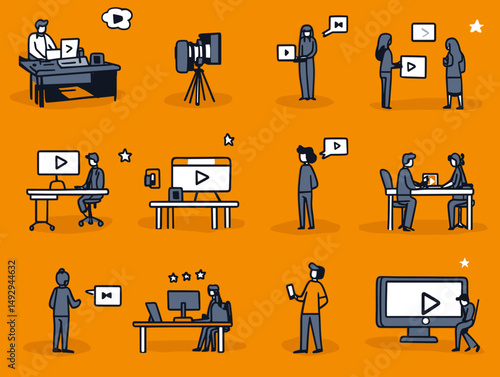 Content Creation Teamwork: Flat vector illustration of a diverse team collaboratively creating online video content on electronic devices.