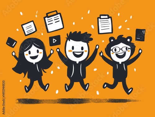 Joyful Team Collaboration: A vibrant illustration depicts three enthusiastic individuals joyfully collaborating amidst floating documents and digital media symbols, against a lively orange background.