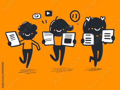Happy Reader Bunch: Three joyful cartoon figures, a boy, a girl and a woman reading books, magazines, and an online article, on orange background, with a play button, a text message icon.