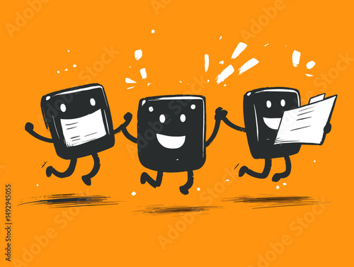 Dancing Blocks: The Dancing Blocks illustration showcases a lighthearted illustration where cheerful block characters dancing on a colorful orange background. 